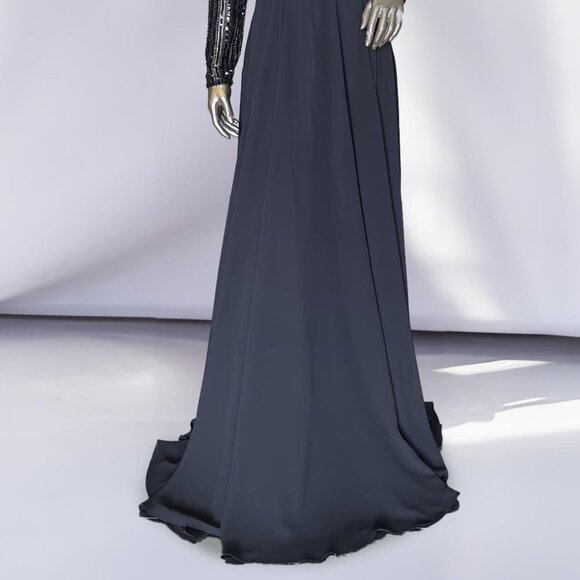NEW A-LINE CHIFFON SATIN DRESS WITH V-NECKLINE EMBROIDERED WITH SEQUINS AC 7036